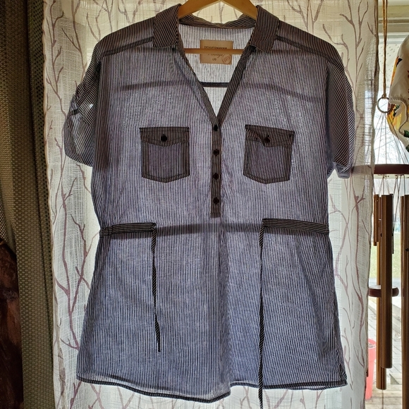 Denver Hayes Vintage Short Sleeve Tie Waist Blue Striped Blouse Top - Picture 2 of 7